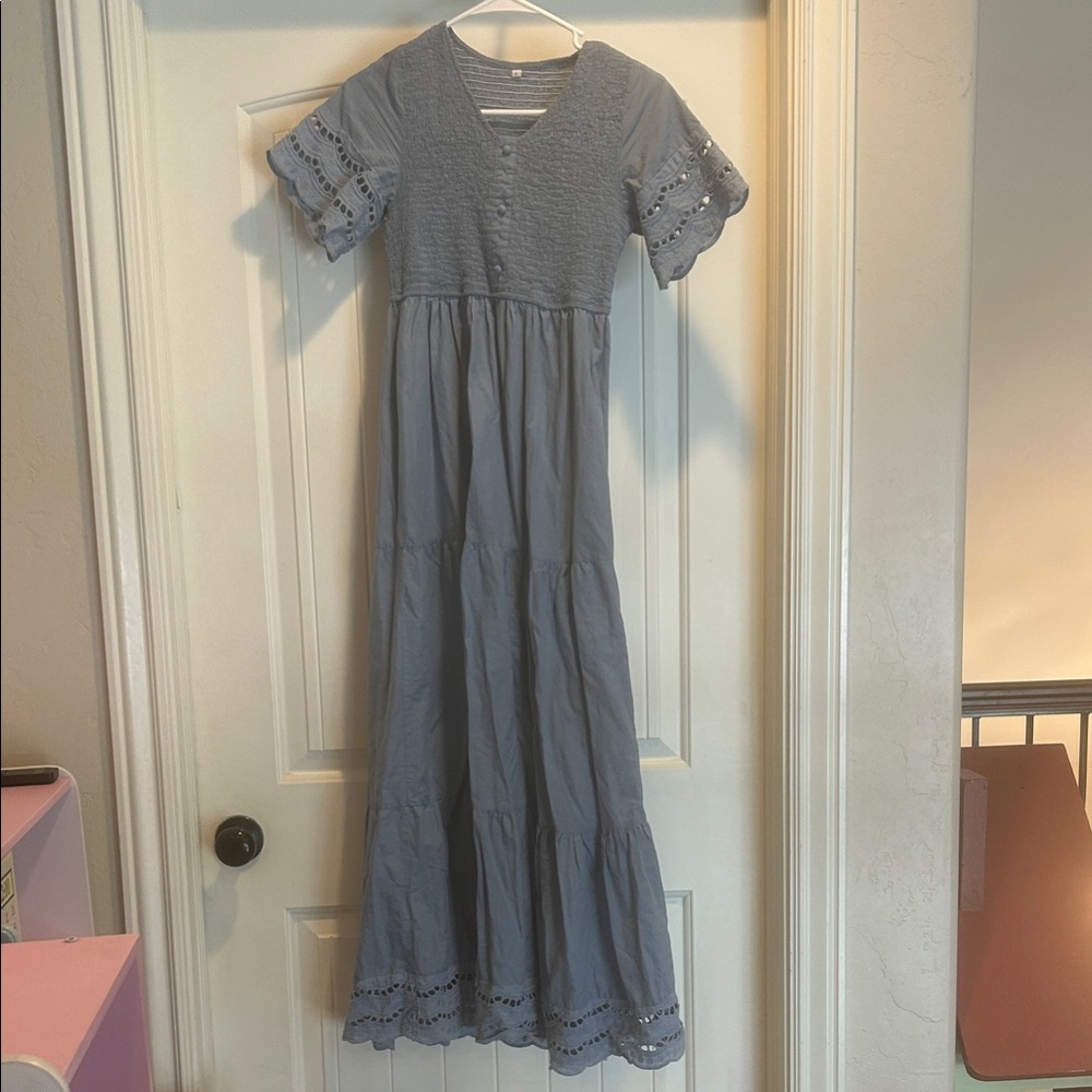 Blue Cotton Eyelet Maxi Dress - Petal Lush